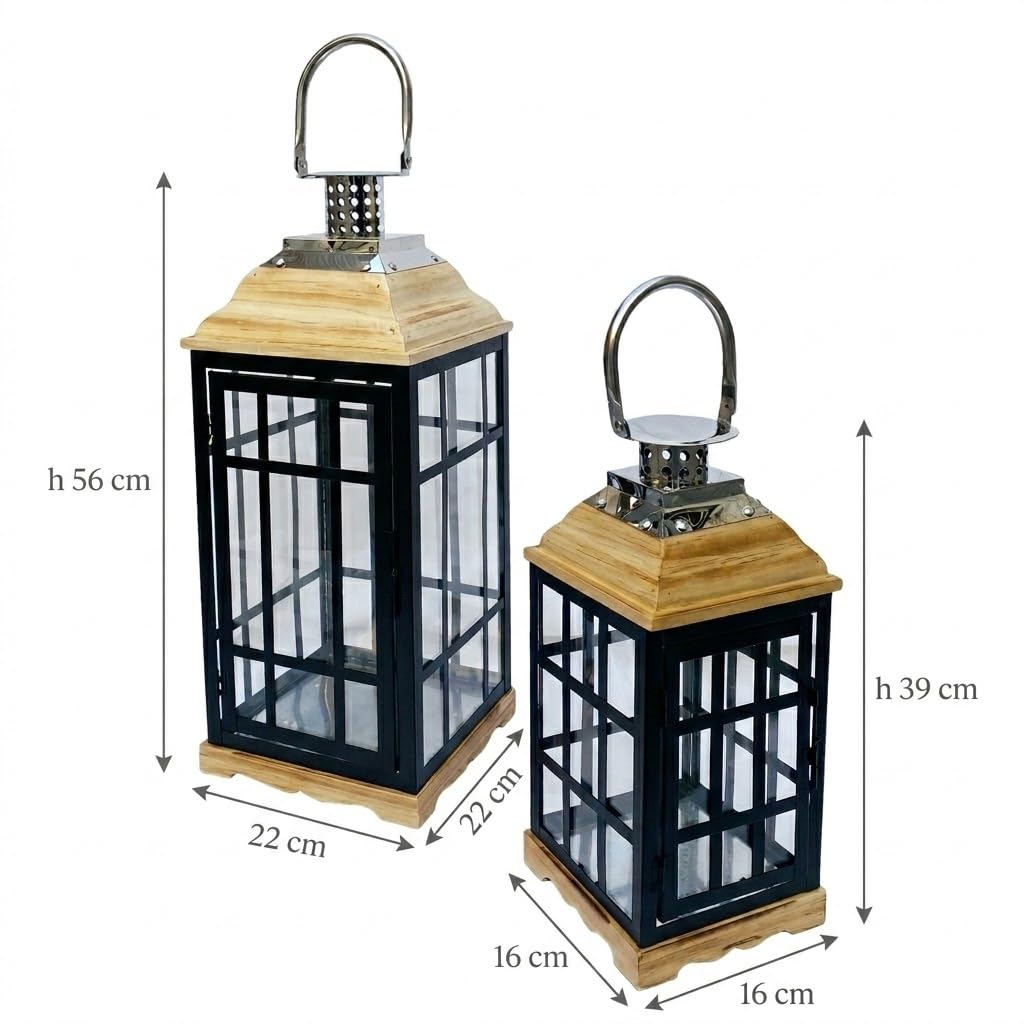 Set 2 Lanterne da Esterno in Ferro e Legno con Vetro Portacandele Giardino Terrazzo Portico Stile Rustico Moderno Lanterna Grande 56 cm + Piccola 39 cm Decorazione Outdoor