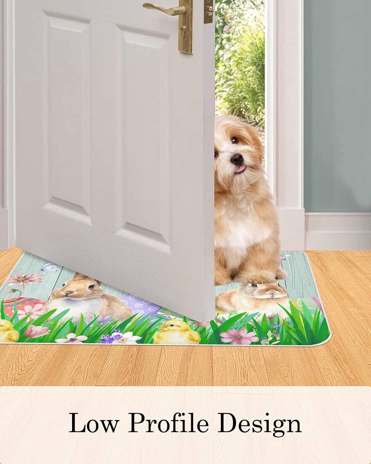 Easter Bunny Kitchen Rugs and Mats Set of 2, Spring Easter Eggs Floral Teal Wood Absorbent Bath Runner Rug Washable Floor Door Mats Throw Accent for Bedroom Bathroom Entrance Tub Sink Long