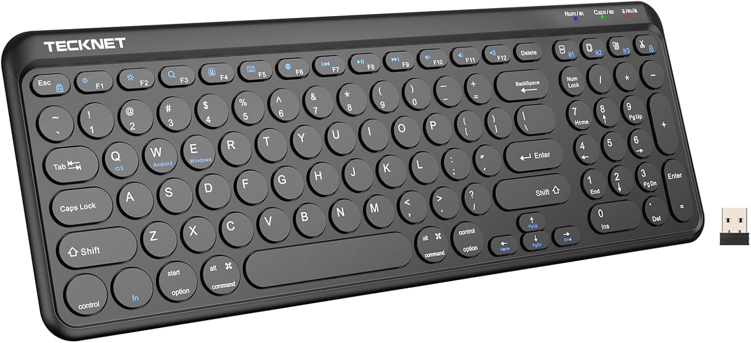 TECKNET Wireless Keyboard Bluetooth & 2.4G USB, Up to 4-Device Connection, USB C Rechargeable Battery, Quiet Typing, Compact Layout, 7° Ergonomic Tilt, Compatible with Windows/Android/iOS, Deep Back