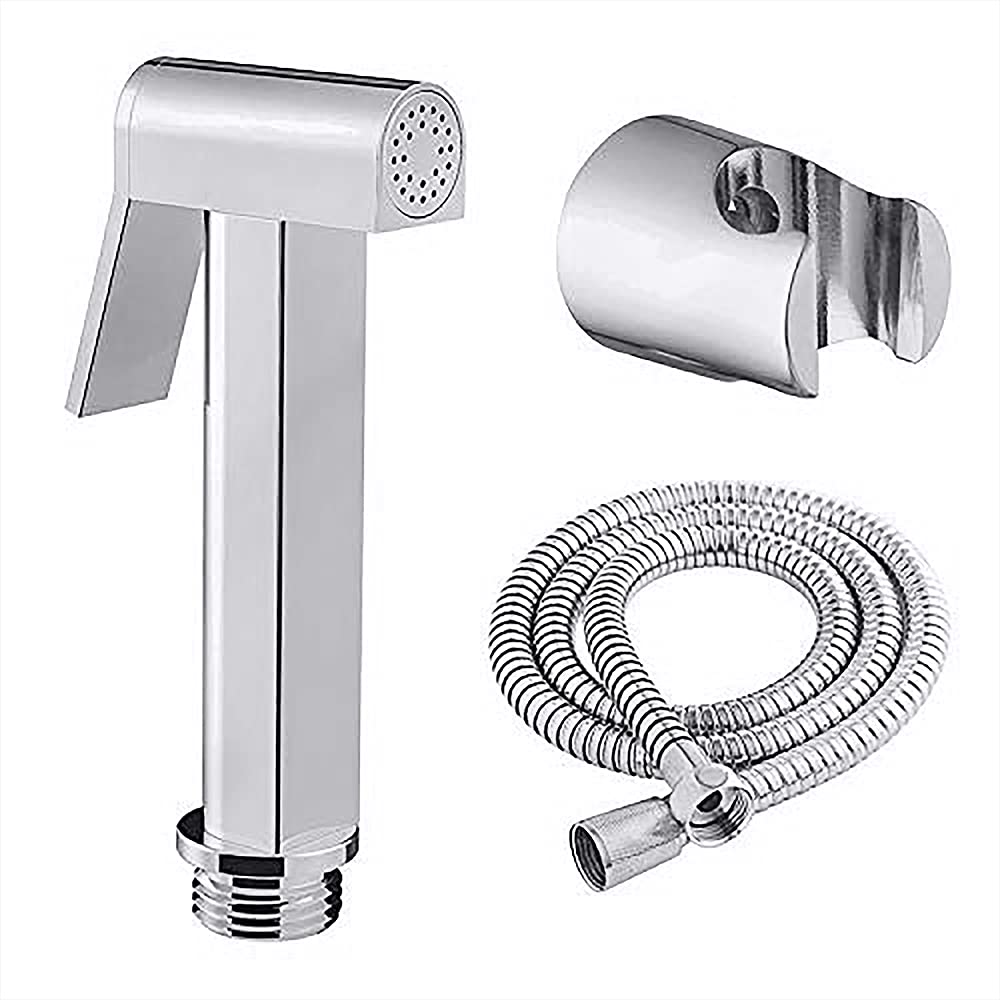 OLeanna HF08 Brass Health Faucets with SS-304 Grade 1 Meter Flexible Hose Pipe and Wall Hook, Chrome Finish