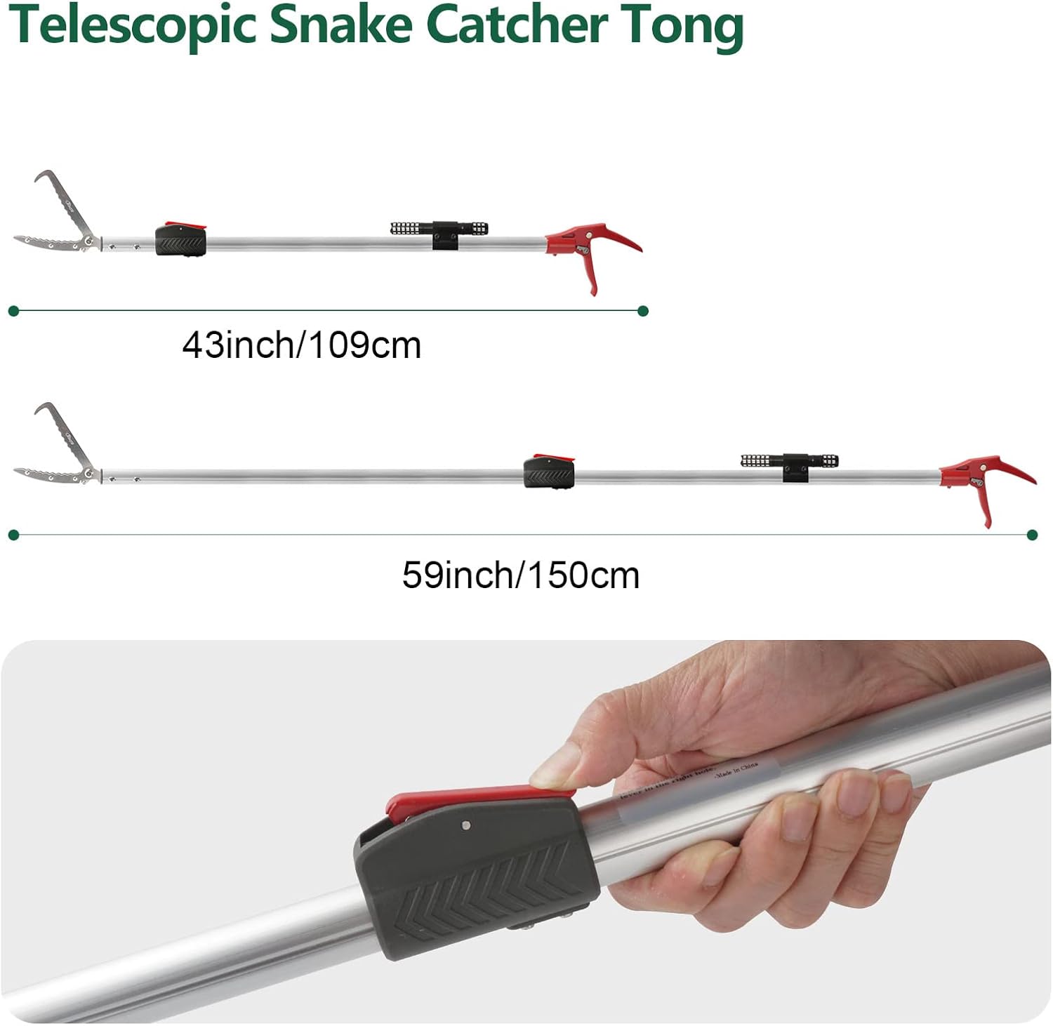 Snake Catcher Tongs Grabber Rattle Heavy Duty with 43 inch to 59 inch Telescopic Pole