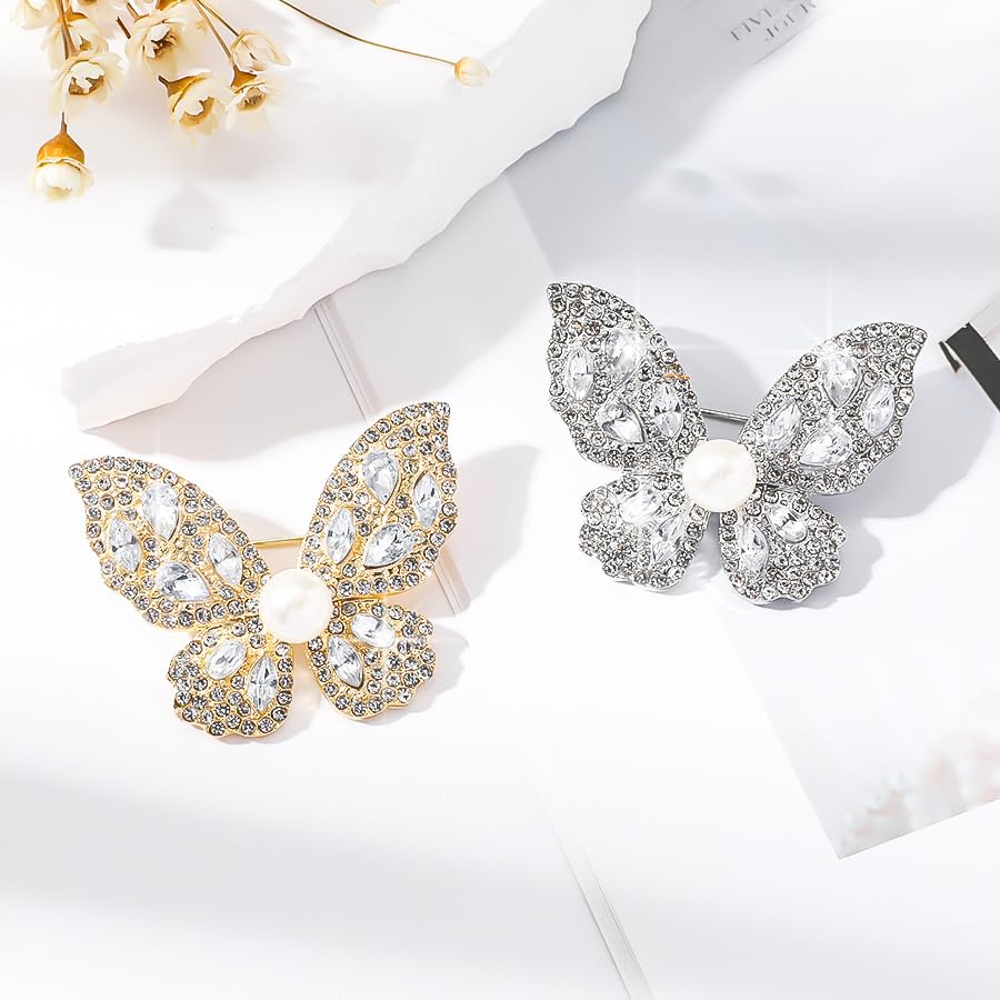 Image of Butterfly Crystal Rhinestone Brooch Pin for Women Colorful Glitter Pearl Bead Lapel Pins Hats Clothes Dress Accessories Jewelry