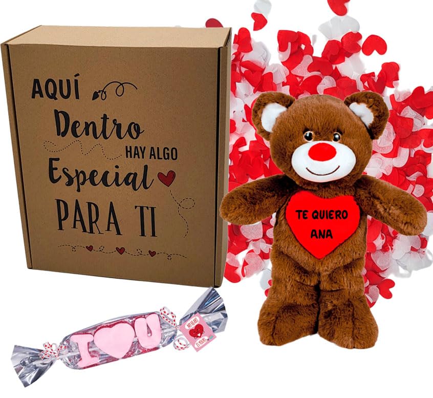 Caja Regalo con Peluche Personalizado Diseño Tierno Amoroso para San Valentín Cumpleaños Aniversario Parejas Mujer Hombre Regalos Amigas Detalle Original Bonito con Nombre o Frase (MARRÓN)