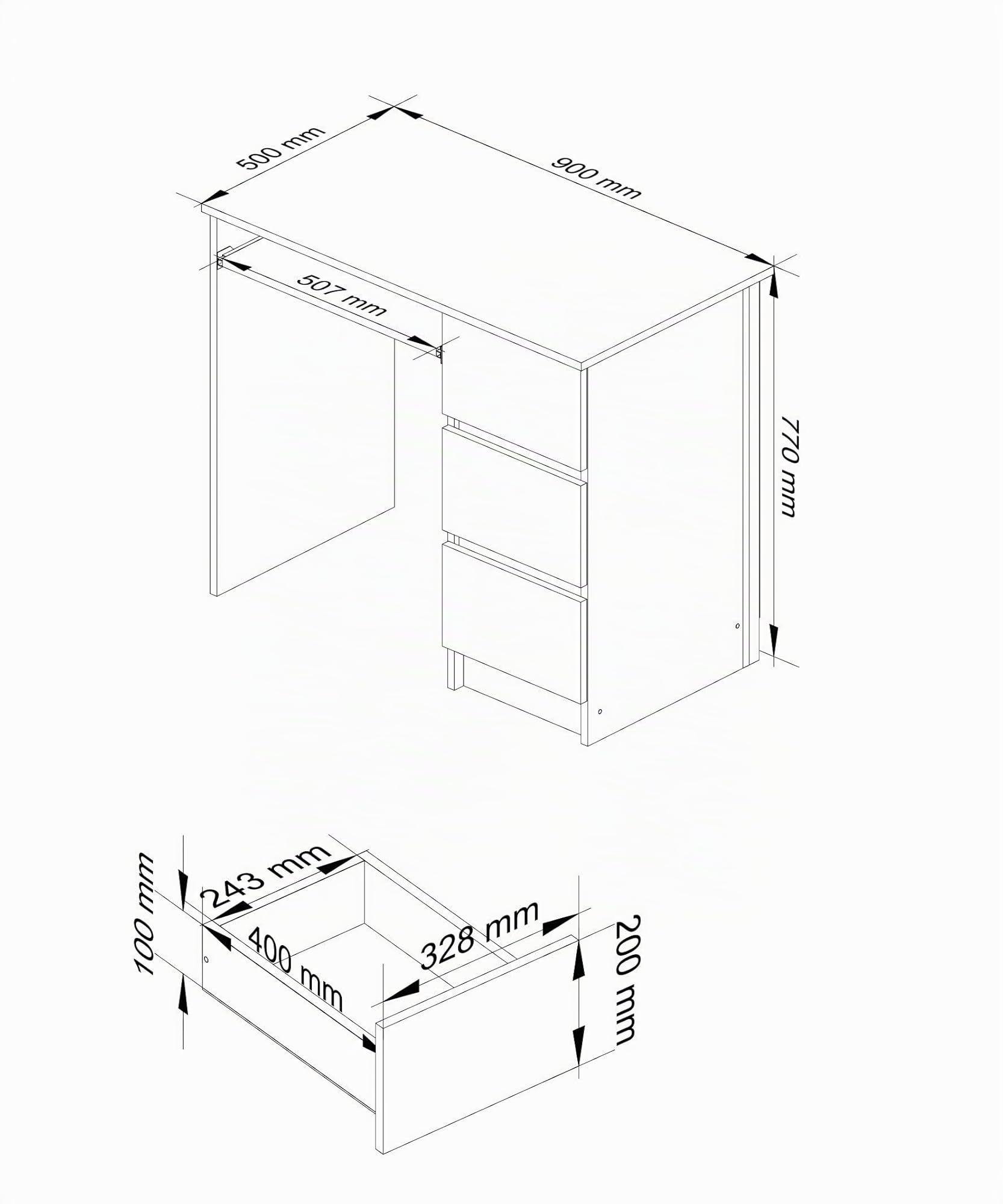 AKORD | Scrivania A-6 con Ripiano per Tastiera | Office Desk | 3 Cassetti a Destra | Scrittoio per Ufficio | Per Computer PC Laptop | 90x77x50 cm | 30 kg wengé