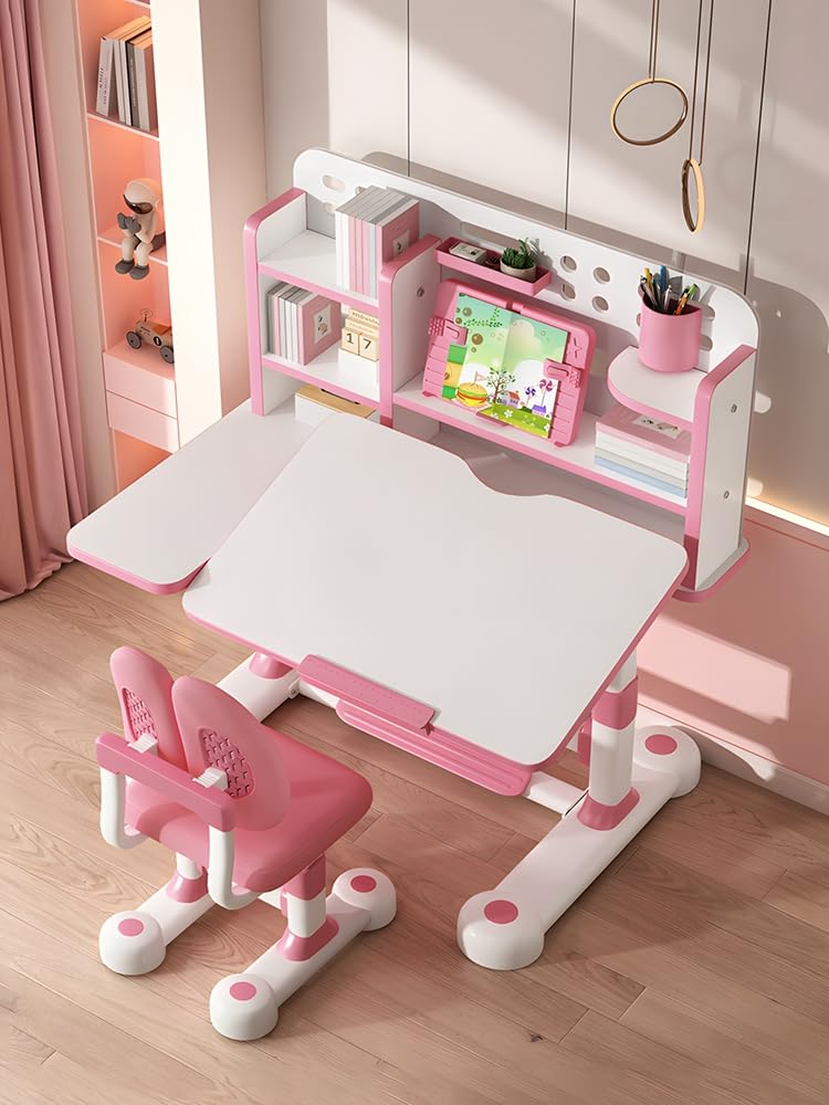 Biurko dziecięce z regulacją wysokości z krzesłem i regałem na książki – ergonomiczne biurko dla dzieci w wieku od 6 lat, blat stołu odchylany 0-50°, duża przestrzeń do przechowywania, idealne