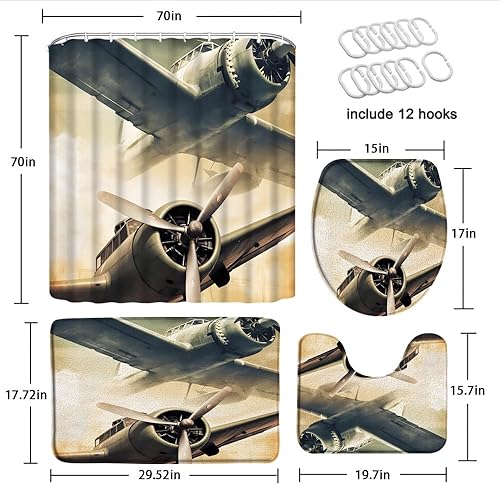 Miniatura 2 de Juego de 4 cortinas de ducha de avión retro con alfombras, cubierta de tapa de inodoro, avión militar de la Segunda Guerra Mundial, aviación
