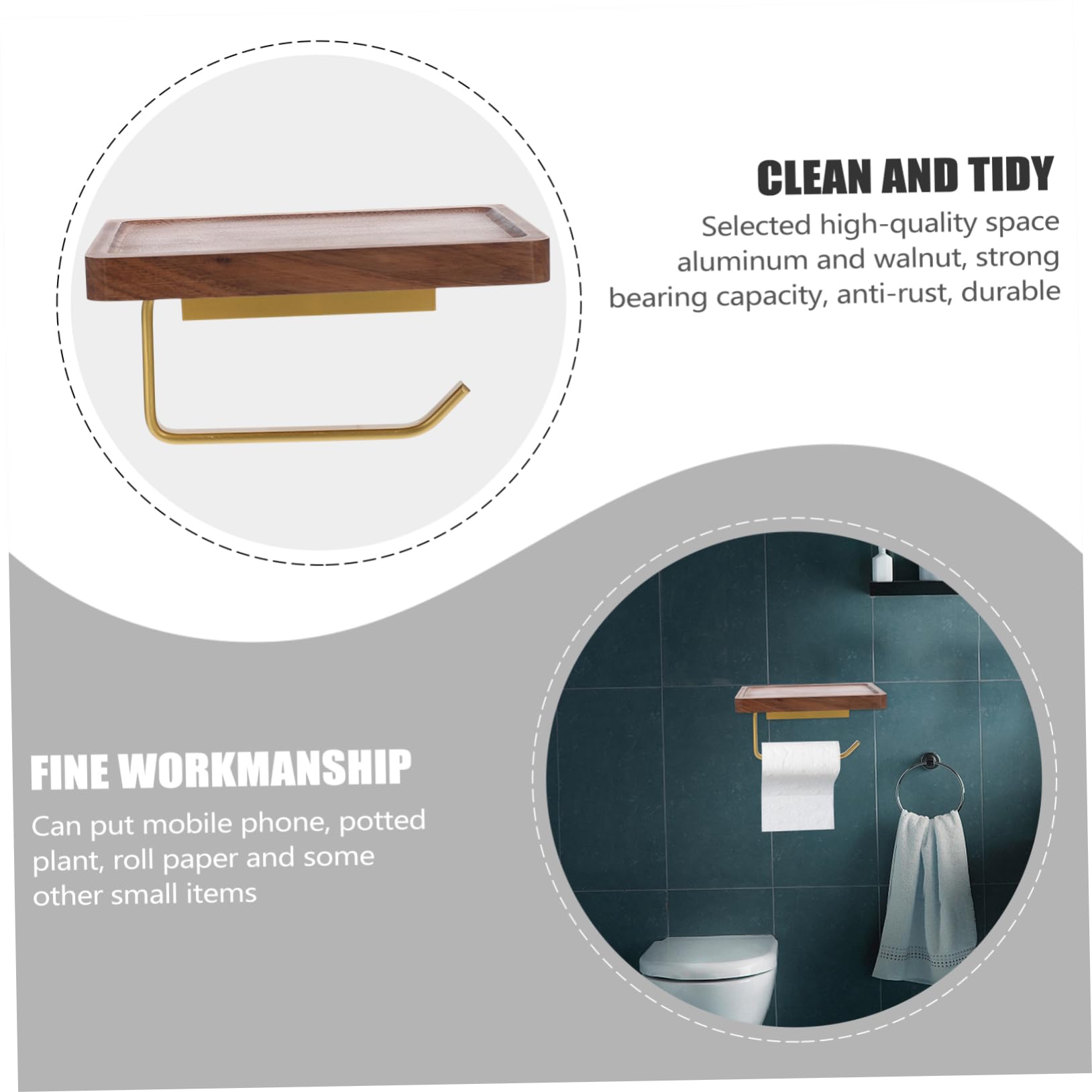 SHINEOFI Portarotoli Carta Igienica in Noce, Design Concavo, Installazione senza Fori, Resistente alla Ruggine, per Bagno e Cucina, Portata Elevata