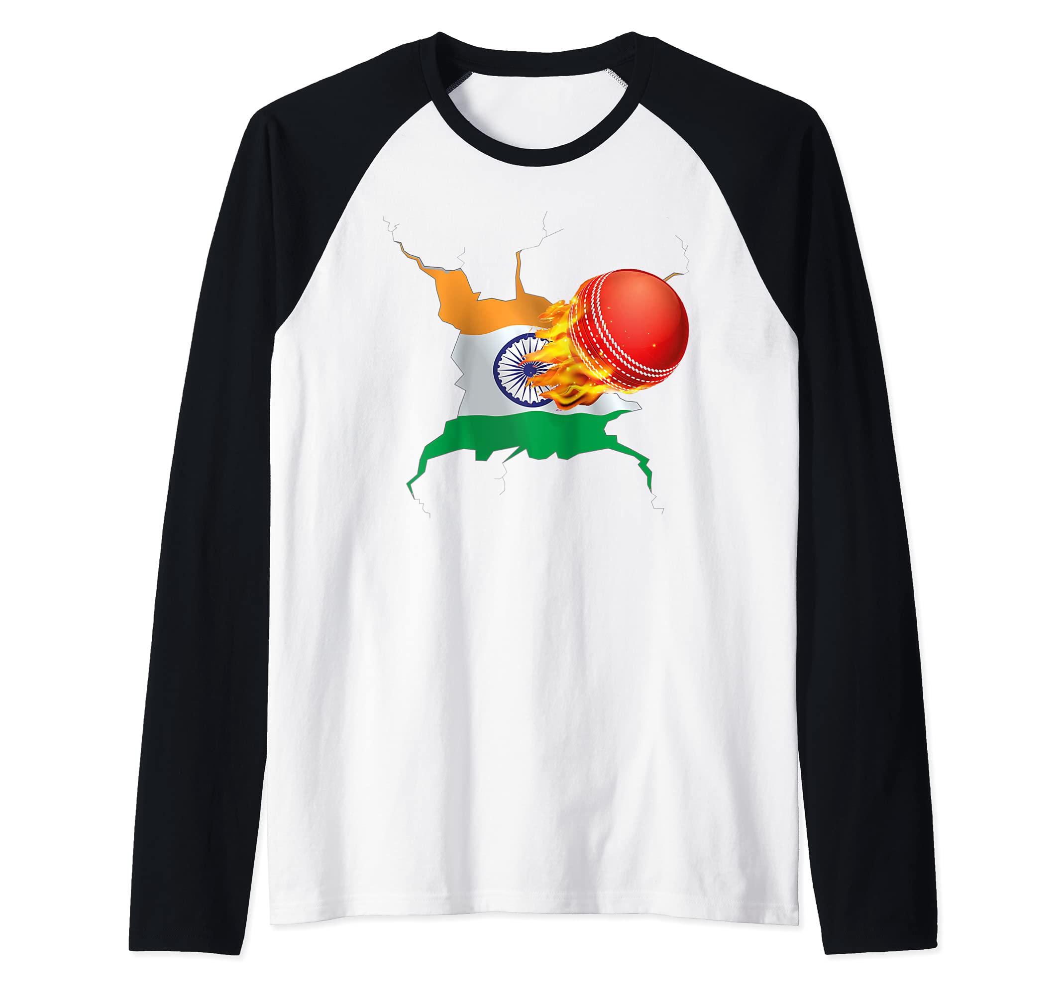 Indian Cricket Fan, India Cricket ball Raglan Baseball Tee, Black