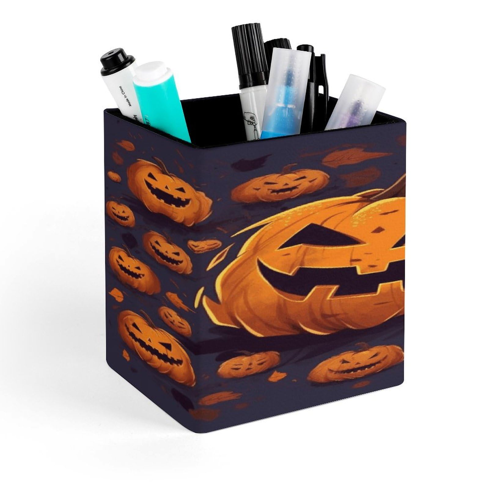 JTREHY Halloween Pumpkin Pen Holder Square Pen Pencil Holder Makeup Brush Holders Cup PU Leather Pencil Cups Desktop Caddy Stationery Organizer Case Office Accessories Container Box
