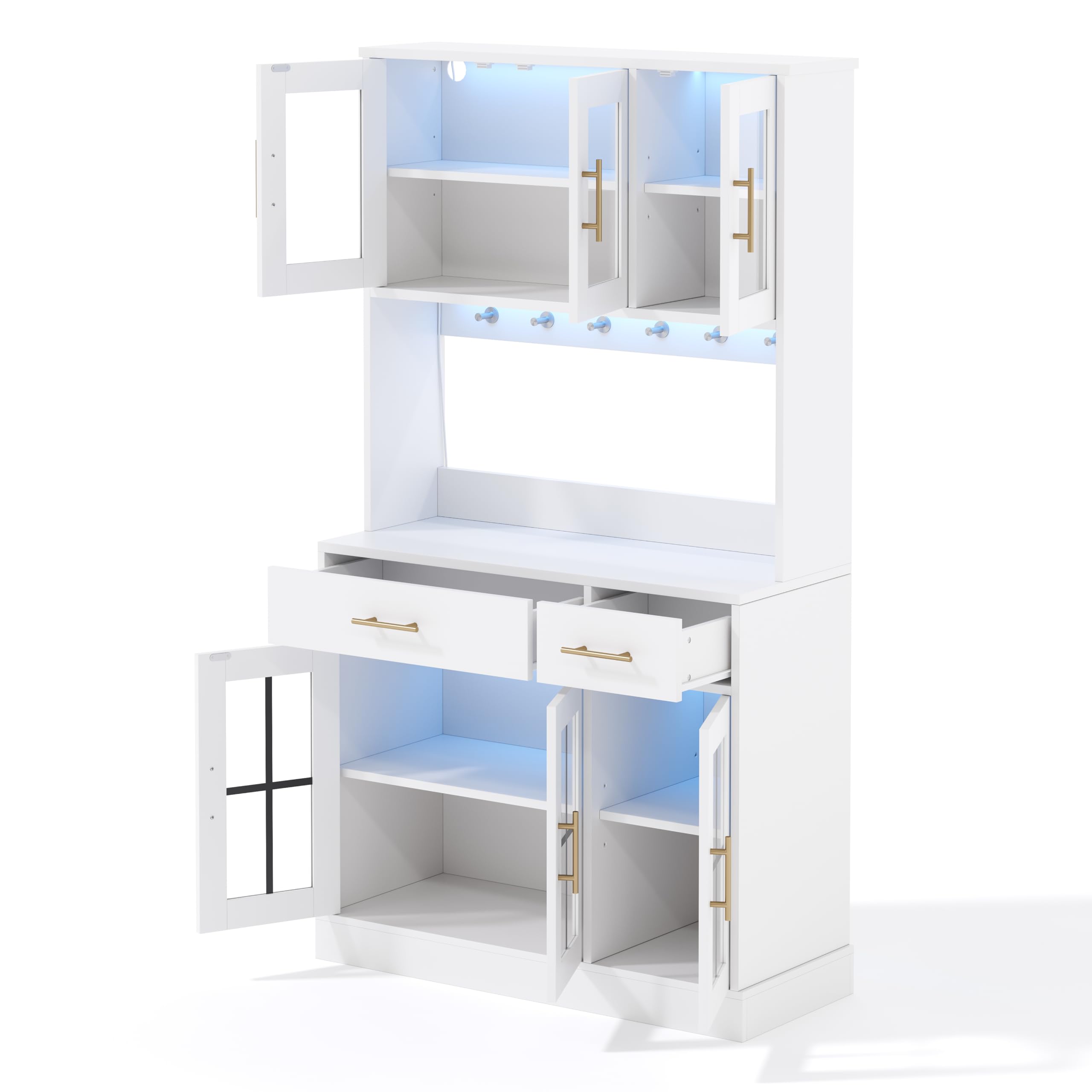 REXO Credenza da cucina dotata di 6 ante e 2 cassetti, ripiani regolabili per una conservazione flessibile, design in stile rustico, maniglie in metallo dorato, bianco, 180 x 100 cm