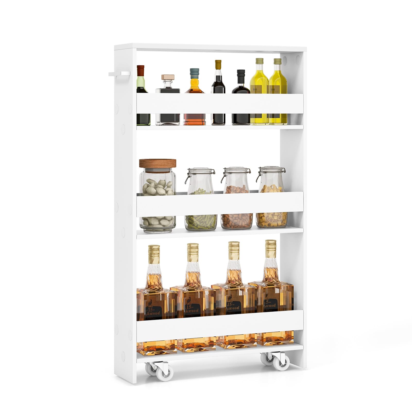 GYMAX Carrelli Portaoggetti a 4 Ripiani, Carrello con Ruote Salvaspazio con Maniglia, Carrello a Scaffale Slim Stretto in Legno per Cucina, Bagno, Lavanderia, 47,5 x 13 x 80,5 cm (Bianco)