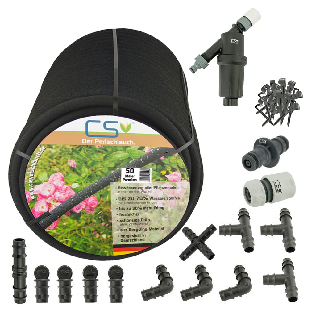 50m CS Perlschlauch Premium Set zur Gartenbewässerung von Beeten und Pflanzen mit hoher Wasserersparnis bis zu 70% bei unterirdischer Verlegung
