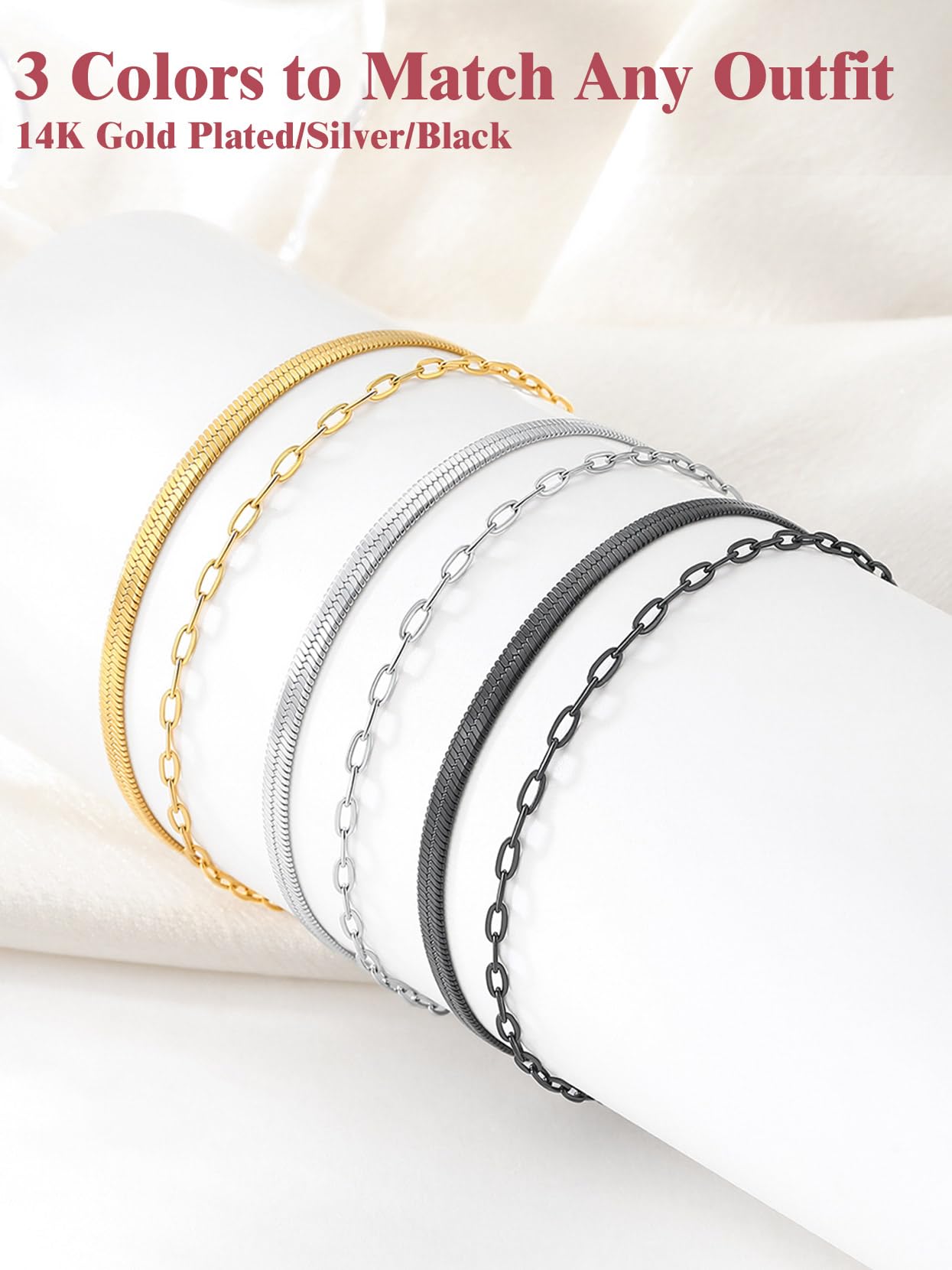 FOCALOOK Cavigliera Donna Argento/Oro/Nero Acciaio Inox, Catena a Strati Perla/Serpente/Maglietta, Gioielli Estate