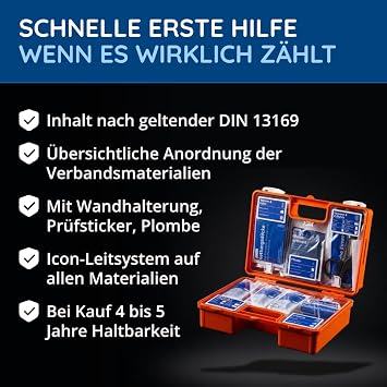 First Aid Case for Companies in accordance with DIN 13169 in Orange Filled First Aid Box with Wall Mount.