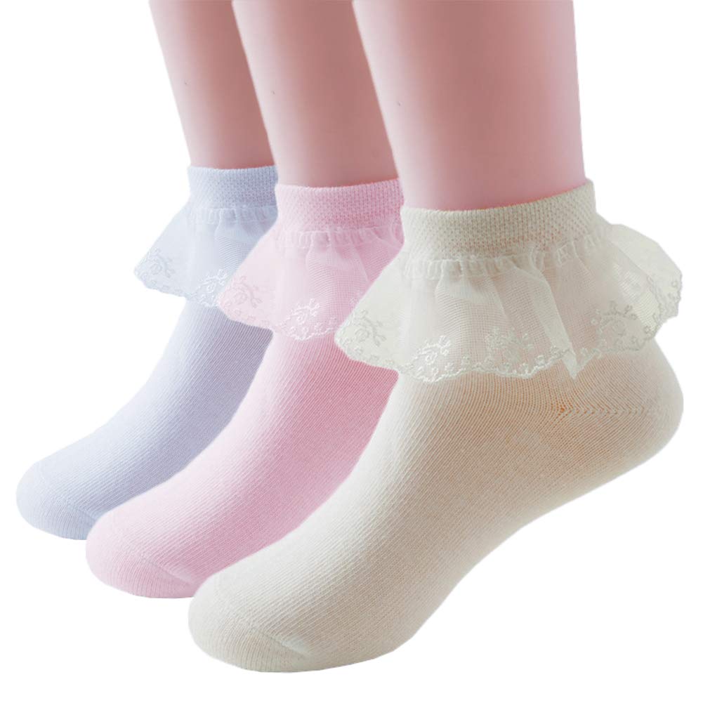 DoMii Toddler Girls Dress Socks Lace Ruffle Frilly No-Show Cotton Socks Ankle Lace Socks 3-Pack L/8-12T