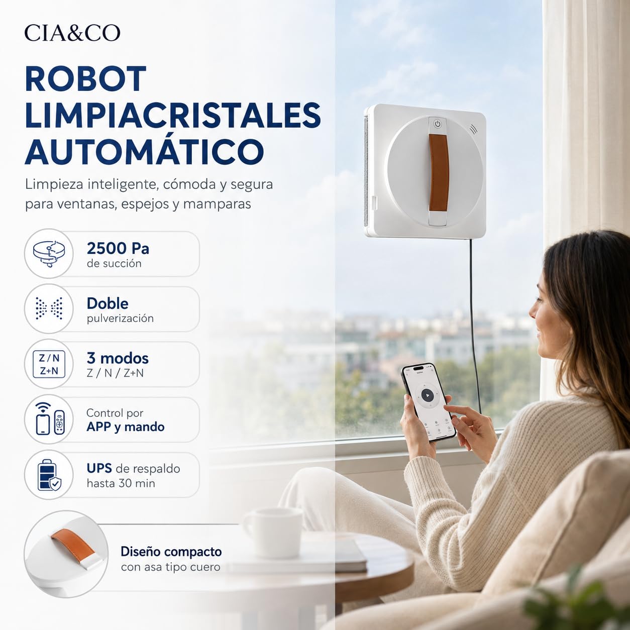 Cia&Co Robot Limpiacristales Automático con App y Mando, Doble Pulverización, 2500 Pa, 3 Modos Z/N, UPS de Respaldo 30 Min y Cuerda de Seguridad para Ventanas y Espejos