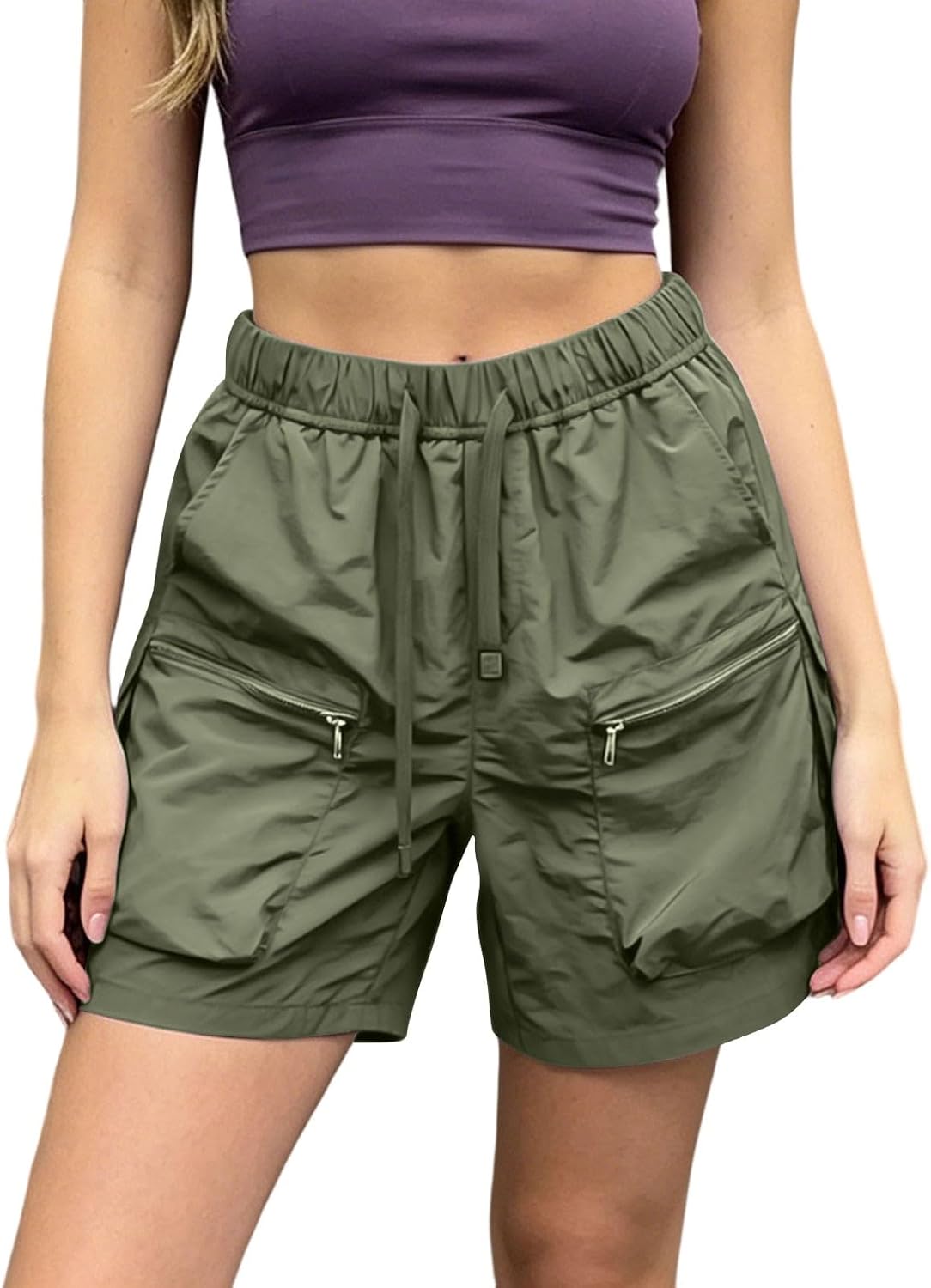 Women's Summer Casual Cargo Shorts Elastic Waist Drawstring Workout Gym Athletic Hiking Bermuda Shorts with Pockets