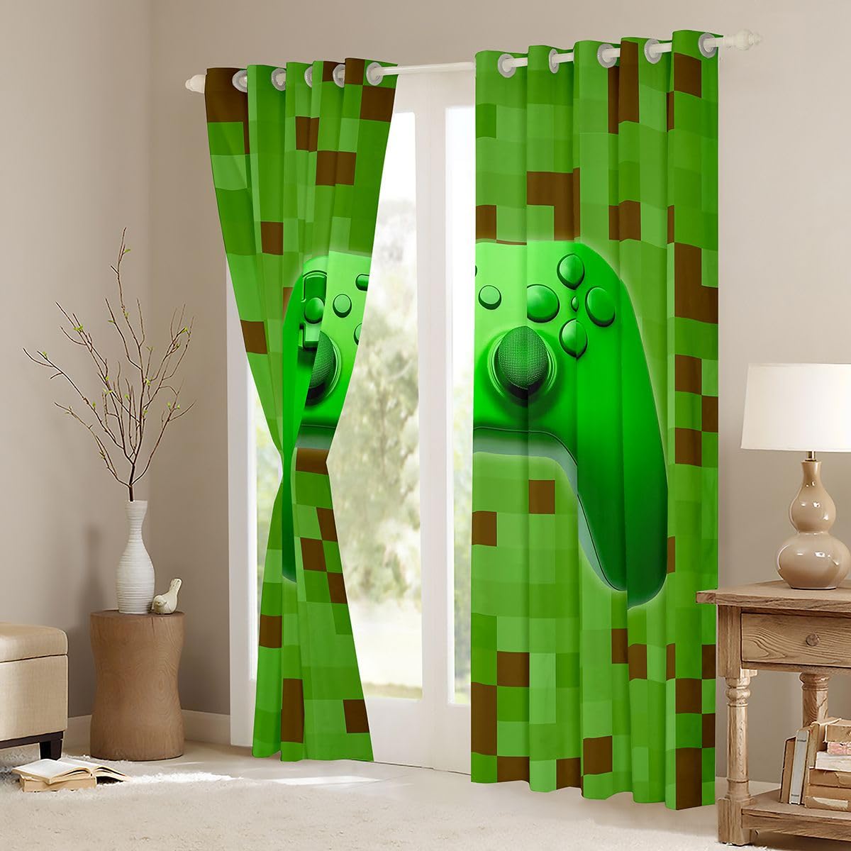 Homemissing Rideaux occultants pour fenêtre de jeu de pixels (2 panneaux, 132,1 x 160 cm) pour chambre d'enfants et de garçons, rideaux occultants pour fenêtre de jeu, vert