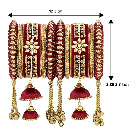 Image of Peora Velvet Matching Kundan Floral Silk Thread Chura Maroon Bangle Set Gift for Women, 2.8 Inch