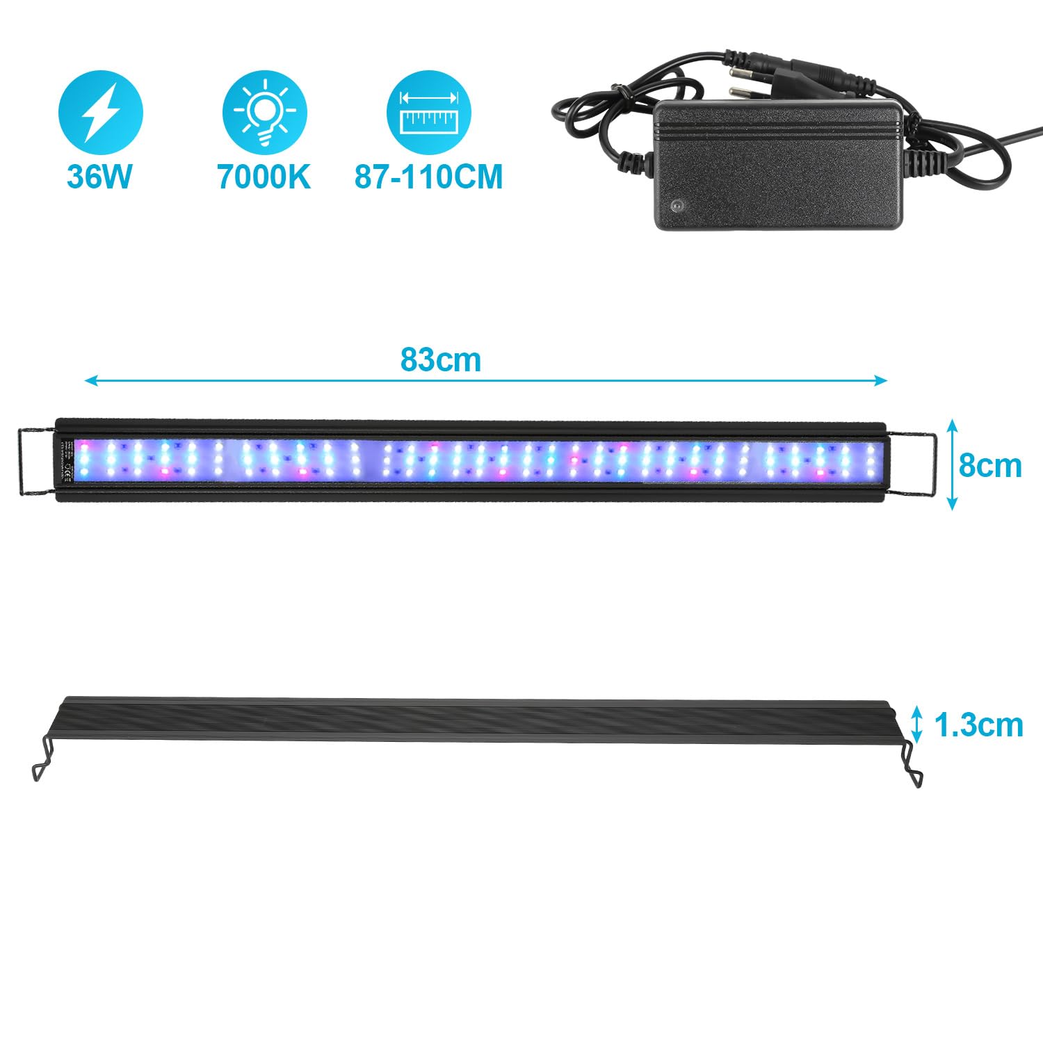 Lámpara LED para acuario de 36 W con temporizador, regulable, 10 niveles de brillo | Temporizador 6H/10H/12H y soporte de metal extensible, apto para acuarios de 87 a 110 cm