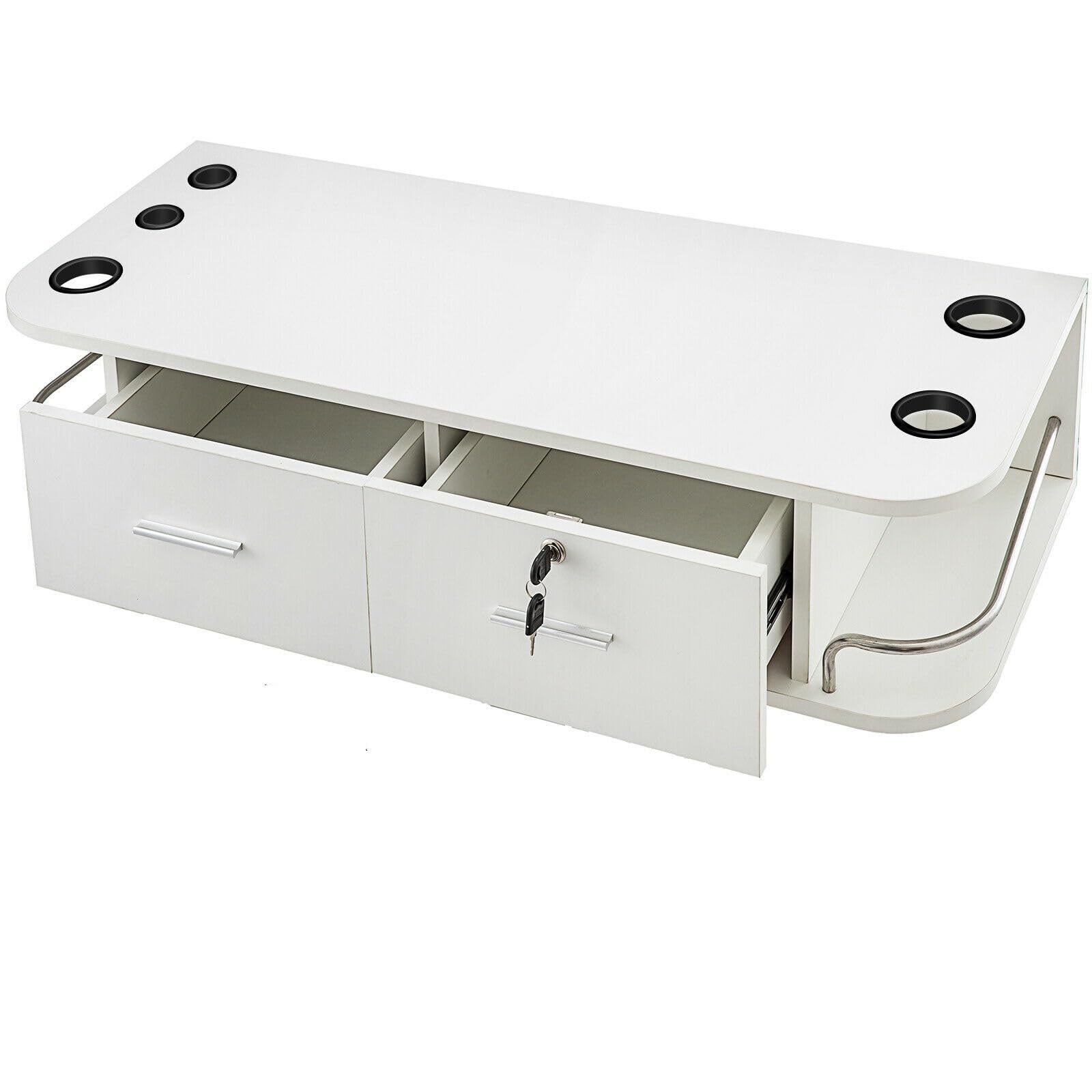 White Wall Mount Styling Station Classic Locking 2 Drawers Storage Beauty Salon Container 5 Hair Dryer Holes Locking Cabin(White)