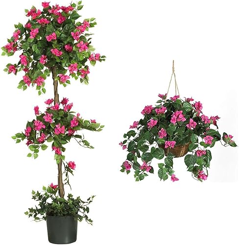 Nearly Natural Mini buganvillas Topiary Beauty, 5 pies, 9 x 9 x 62.5 pulgadas, cesta de buganvilla verde, 1 planta colgante artificial, 32 x 32 x 24