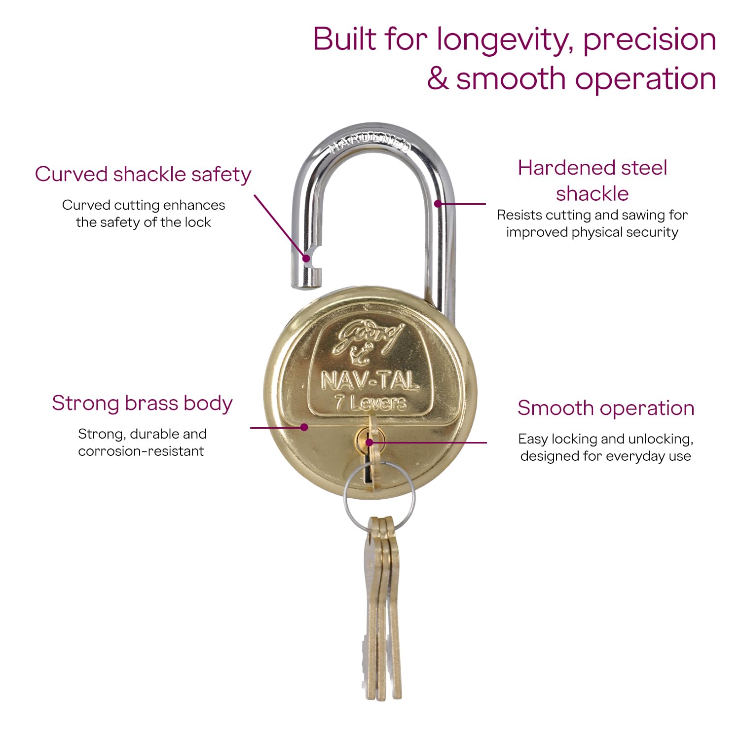 Godrej Locks I Navtal 7 levers 65 mm I 4 Keys I Padlock for Main Door I Gate Lock I Tool Box, Shutters, Shops & Offices I Strong Hardended Corrosion Resistant Shackle I Brass Material & Brass Finish 3