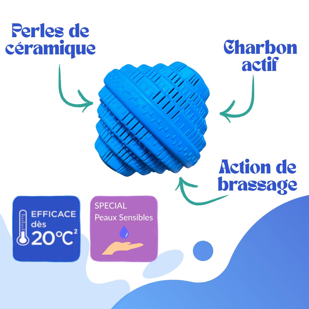 Boule de Lavage Écologique Réutilisable | Hypoallergénique | Perles de Céramiques & Charbon Actif | Nettoie et Purifie l’Eau | Alternative Naturelle à la lessive