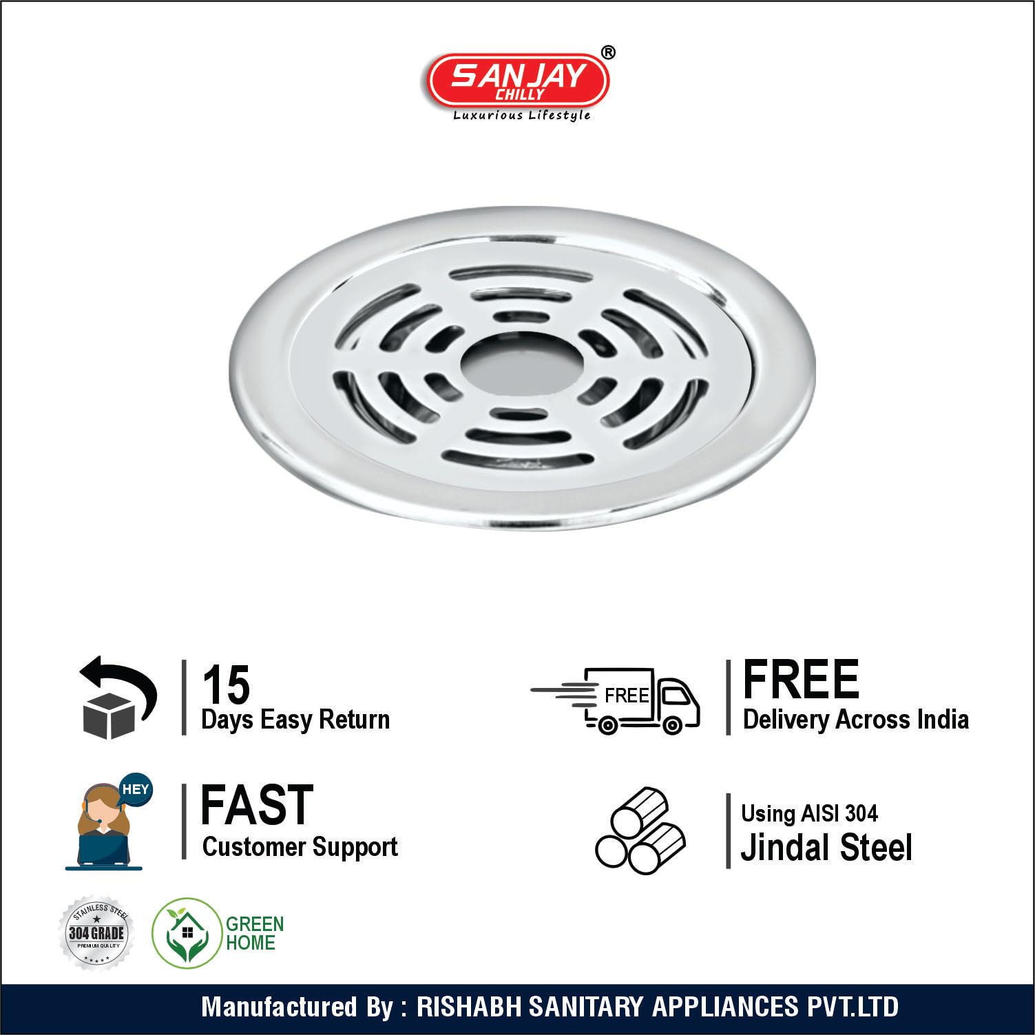 Sanjay Chilly Ringo Round Floor Drain with Pipe Hole 4 Inch Stainless Steel 304 Grade Luxurious Bathroom Gratings Water Drain Strainer Bathtub Laundry Sink Washbasin (Round Ringo Gypsy Silver 4 INCH) 3