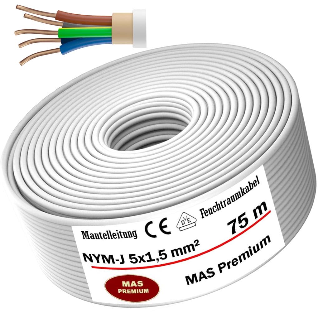 Kabel zasilający do wilgotnych pomieszczeń, kabel zasilający od 5 m do 170 m, przewód płaszczowy NYM-J 5 x 1,5 mm², kabel elektryczny pierścień do stałego układania (75 m)