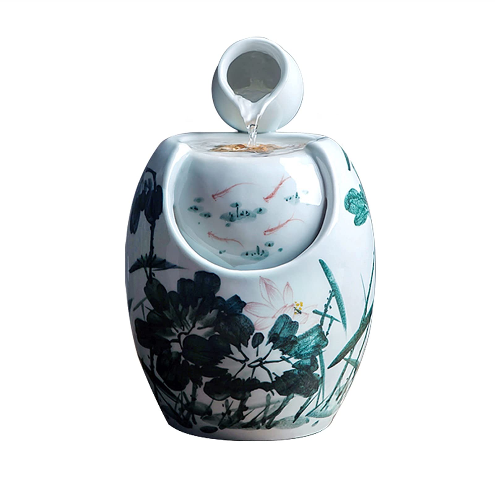 QUSYZD Indoor Waterfall Fountain Tabletop Fountain - Pure Hand-painted Small Lotus Ceramic Tabletop Fountains Indoor Decoration Office Home Desktop Humidifier Tabletop,A