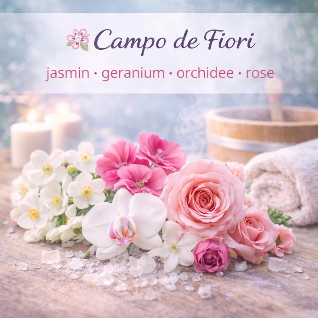 Dufte Momente Saunaaufguss-Konzentrat Campo de Fiori (Jasmin, Geranium, Orchidee & Rose) – 3 Liter – konzentriert & ergiebig – Profi-Qualität gemäß DVN:5204 getestet – vegan & Made in Germany