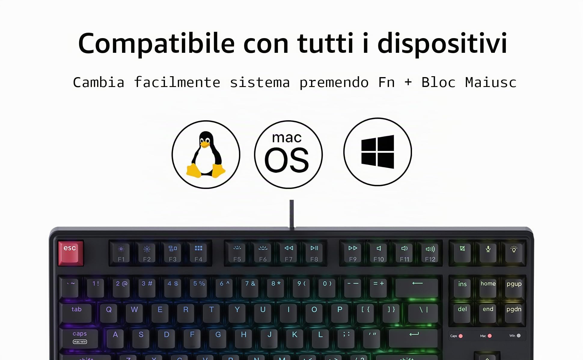 Keychron C3 Pro TKL - Tastiera meccanica cablata all'80%, frequenza di polling 8K, programmabile QMK/VIA, sostituibile a caldo, tasti retroilluminati RGB, switch Super Banana, per Windows/Mac