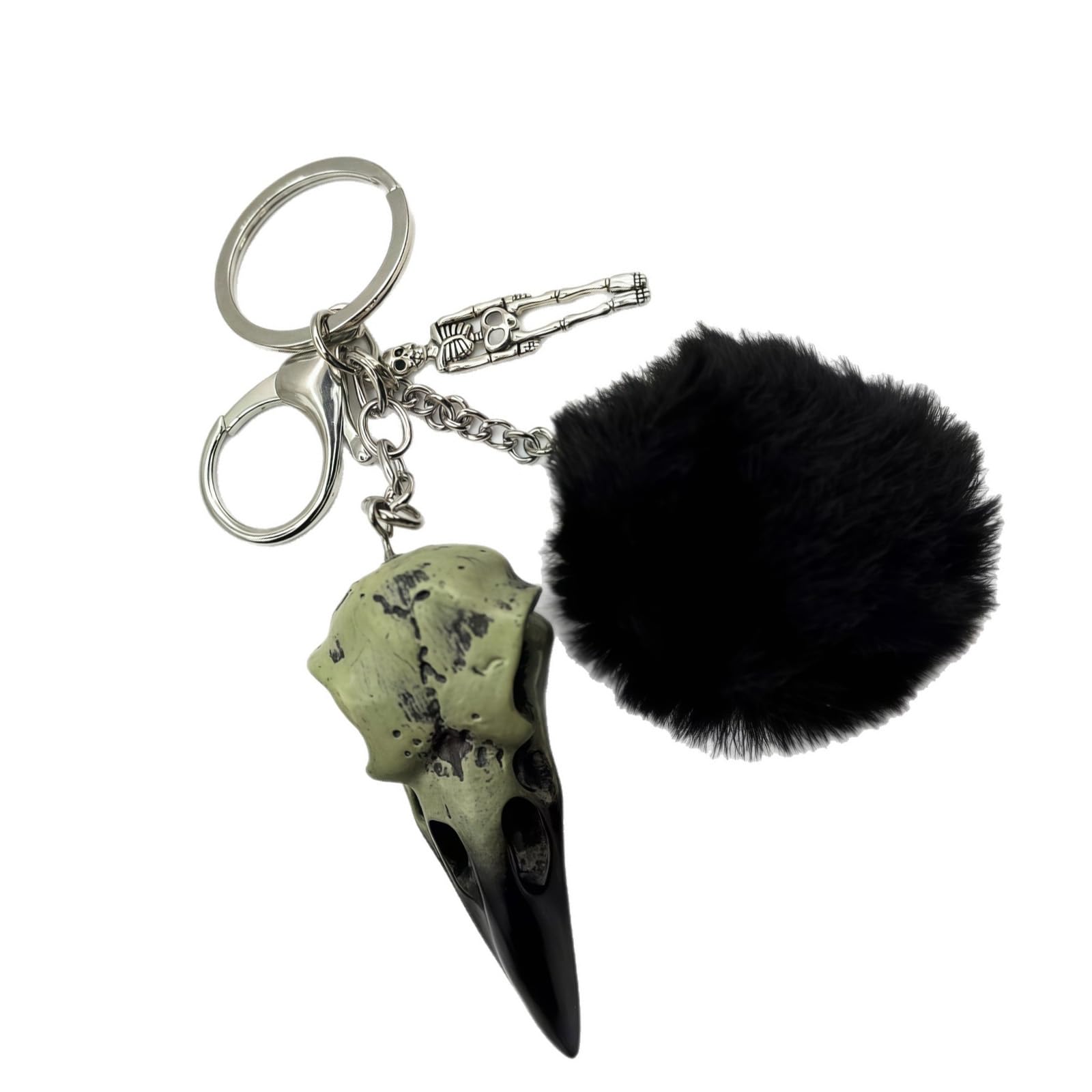 Tmboryuu Unisex Multicolor Handcrafted Crow Skull Keyring Featuring Plush Ball Detail Sturdy Resin Design Compact Carabiner For Everyday Use Raven Skull Pom-Pom Keychain