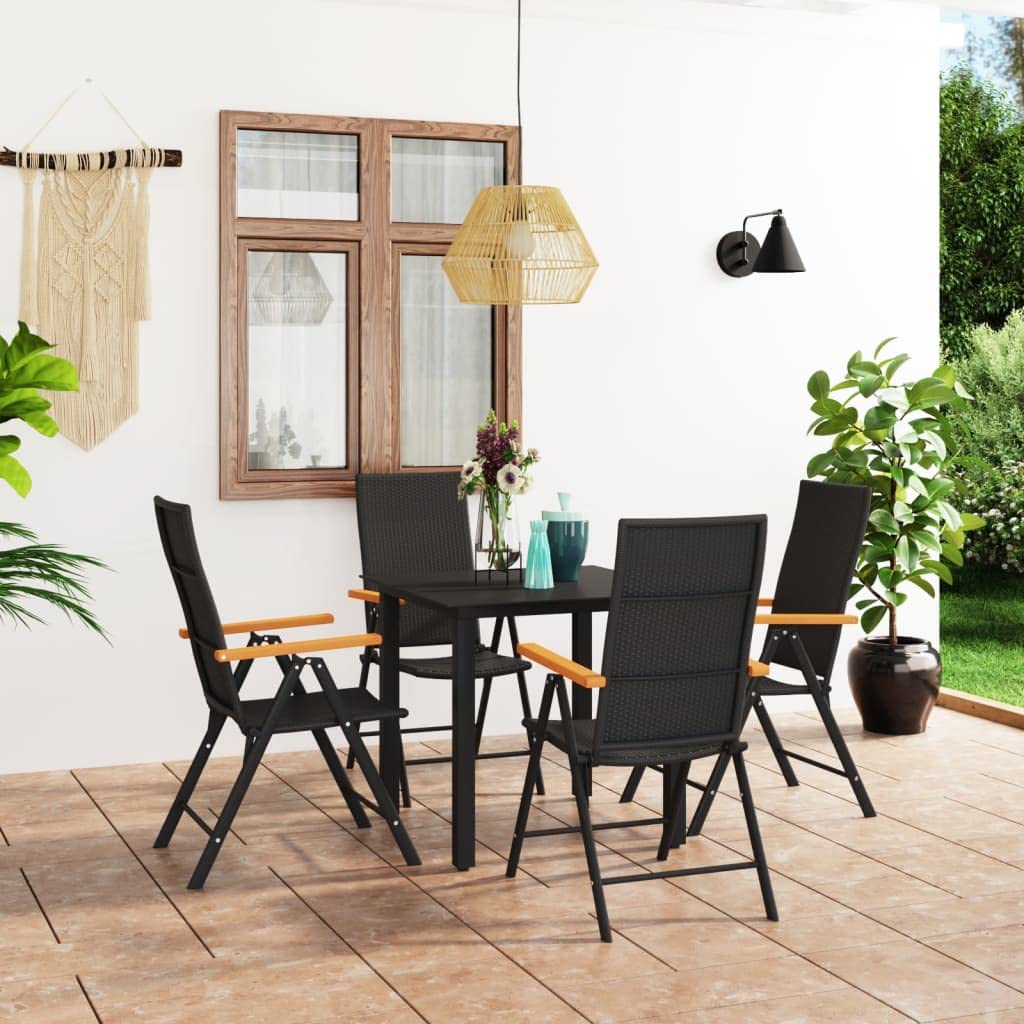 Juego de comedor industrial de 3 piezas, muebles de exterior negros y marrones con sillas reclinables ajustables y mesa superior de cristal, hechos de ratán de polietileno duradero y aluminio 2