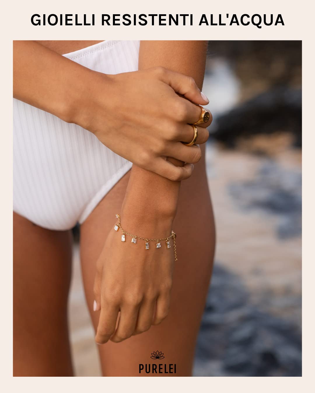 Purelei Bracciale Powder – Bracciale Donna elegante – Acciaio inossidabile – Lunghezza regolabile 16-19 cm – Ispirato dalle Hawaii e resistente all'acqua