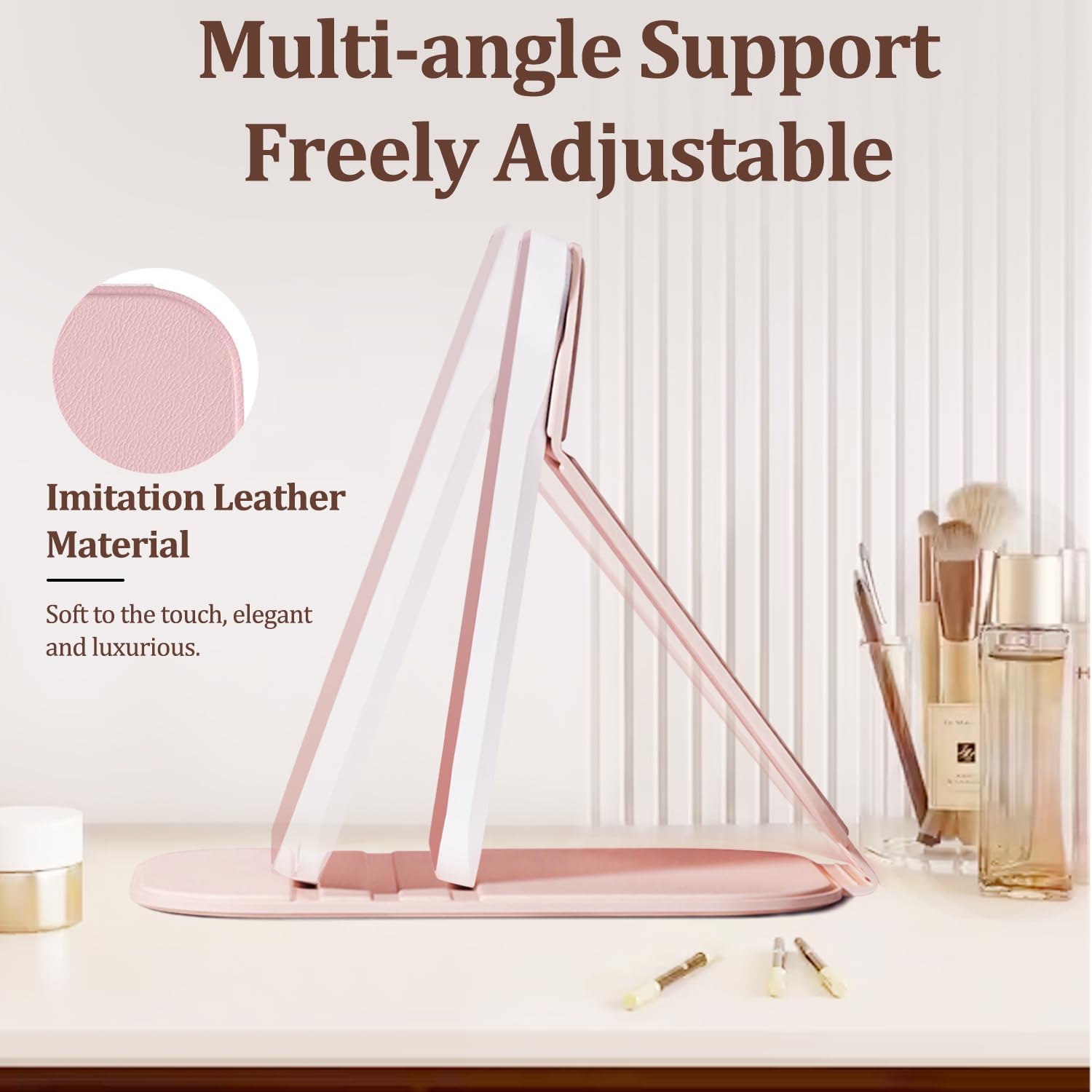 Upgraded Lighted Travel Makeup Mirror, 72 LEDs Portable Mirror with Lights, 3 Color Travel Mirror with Light, Touch Screen, Dimmable, Rechargeable, Angle Adjustable with Non-Slip Base, Pink - Image 4