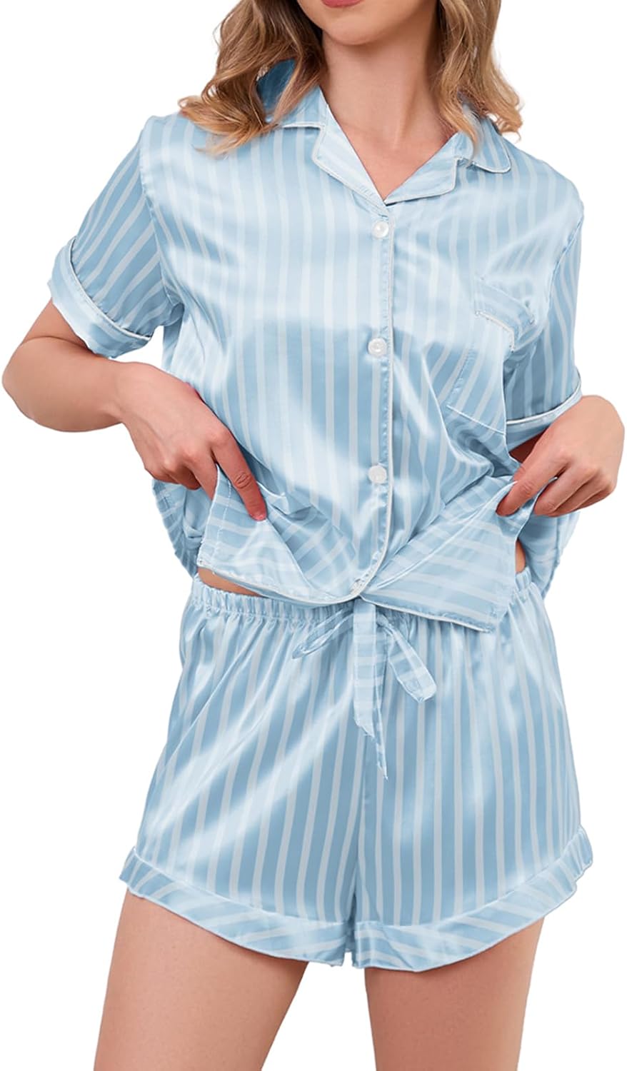 Satin Pajama Set Striped Silk PJ Set Drawstring Ruffled Satin Shorts - 2 Piece Silky Pajamas