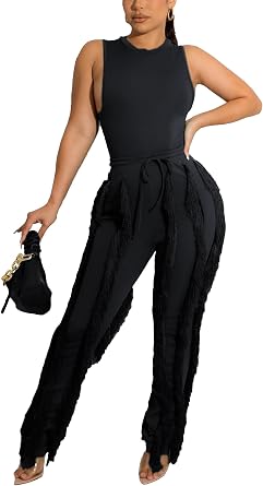 Women Sexy 2 Piece Outfits Fringe Pants Jumpsuit Set Tassel Club Going Out Birthday Party Night Clubwear