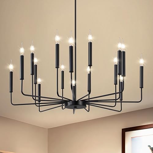 Qamra Lámpara de araña negra de granja para comedor, lámpara moderna de 16 luces, lámpara de araña colgante industrial rústica para sala de estar,