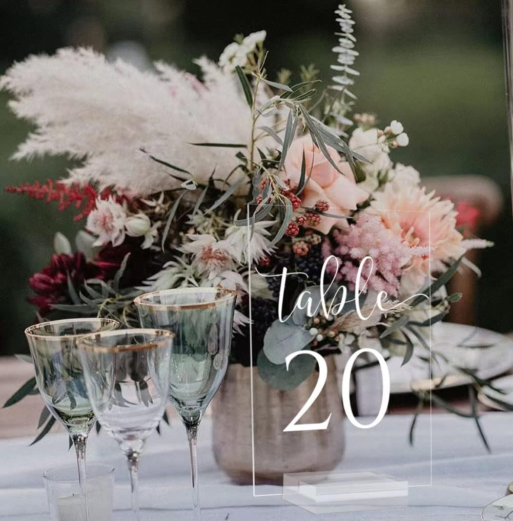 JINMURY Clear Acrylic Wedding Table Numbers 1-20 with Stand- 20 Pack 4x6 Inch Acrylic Clear Table Number Signs Printed Calligraphy Font for Wedding, Event& Party