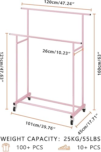 Miniatura 3 de Calmootey Perchero de ropa de doble barra, organizador de ropa portátil para dormitorio, sala de estar, tienda de ropa, rosa