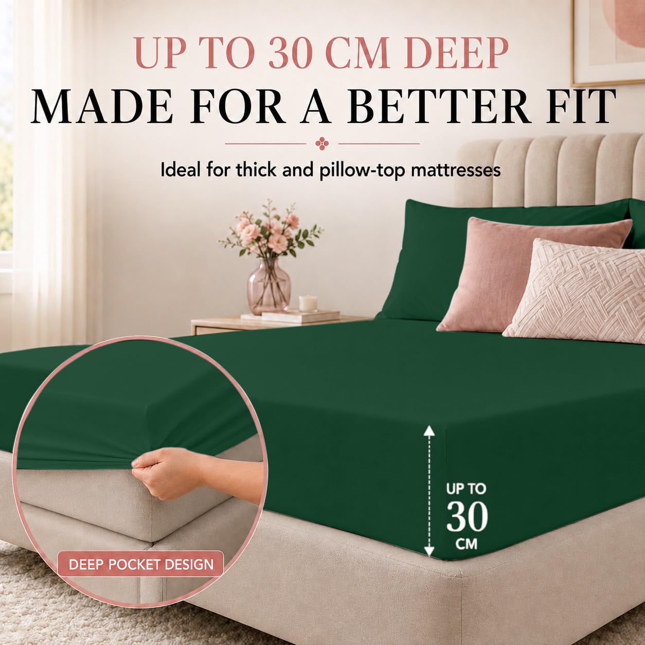 2 Pack King Microfibre Fitted Sheets 30cm Deep Bed Sheets, Emerald Green - Image 5
