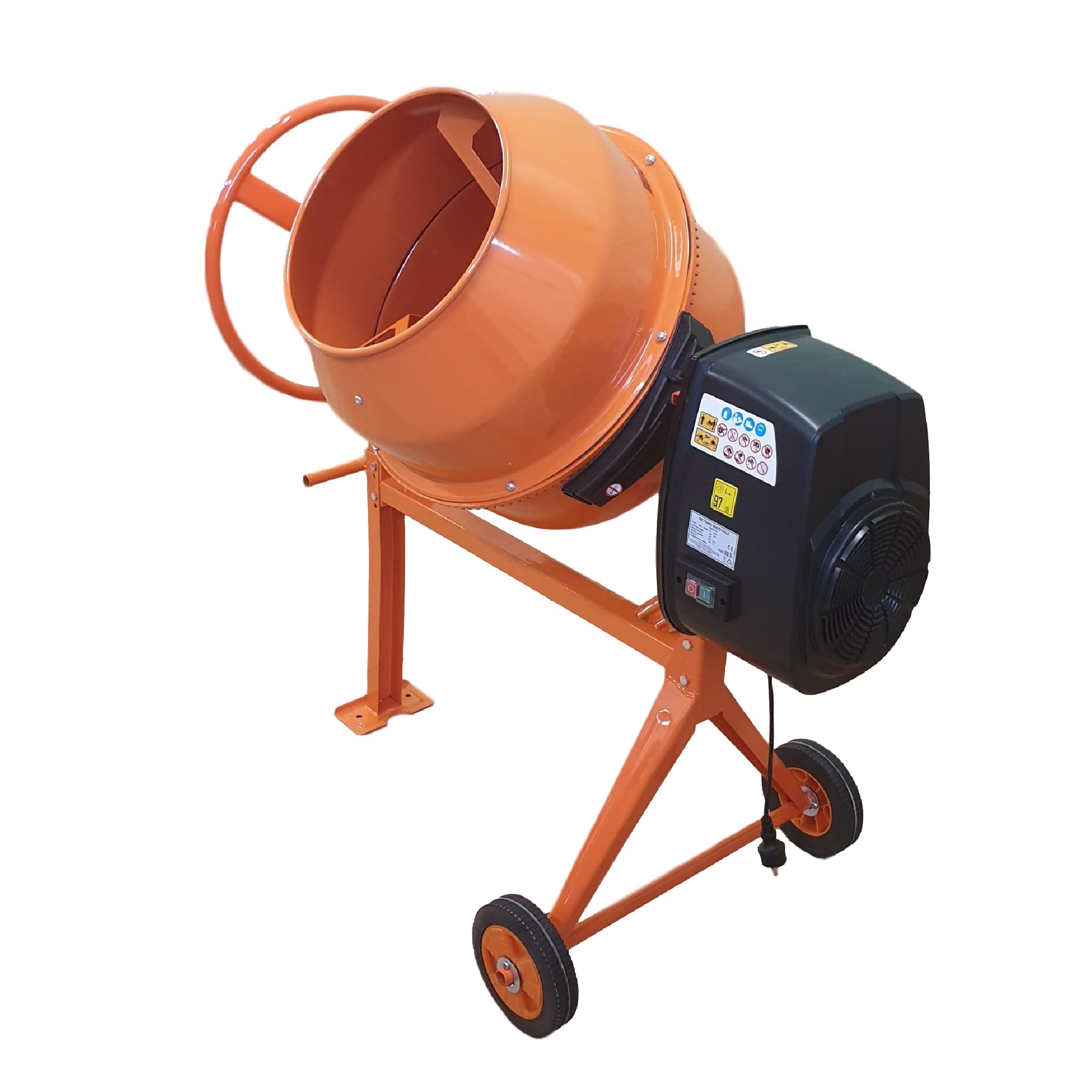 Betonmischer BAU140, 140L Trommel, 650W Motor, Orange, Stahlrahmen mit Metall-Zahnkranz, Kunststoffräder, Kipp-Handrad