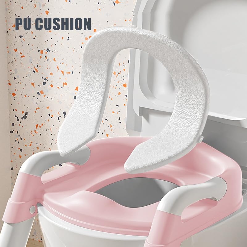 Réducteur Toilette Enfant avec Marche, Rehausseur Toilette Enfant avec PU-Coussin, Réducteur WC, Bébé de Siege, Réglable en Hauteur et Pliable,PVC (rose)