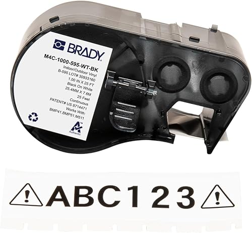 Brady Auténticas etiquetas de vinilo para todo tipo de clima (M4C-1000-595-WT-BK) de 1 pulgada de ancho x 25 pies, negro sobre blanco. Para usar con