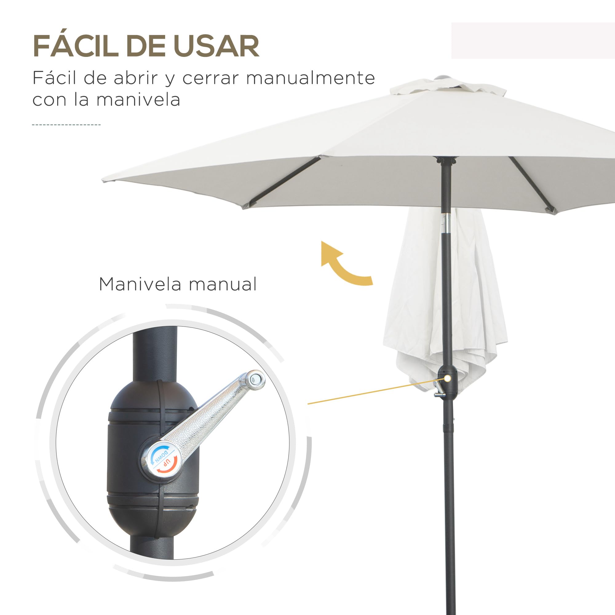 Outsunny Sombrilla de Jardín, Ø260x235 cm, Parasol de Jardín Reclinable con Manivela, Poste Desmontable de Aluminio y 6 Varillas de Metal, para Terraza, Exterior, Balcón, Crema