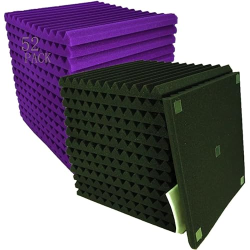 52 Pack 12 "X 12 "X1" Acoustic Panels Studio Soundproofing Foam Wedge Tiles, (24Black+24purple)