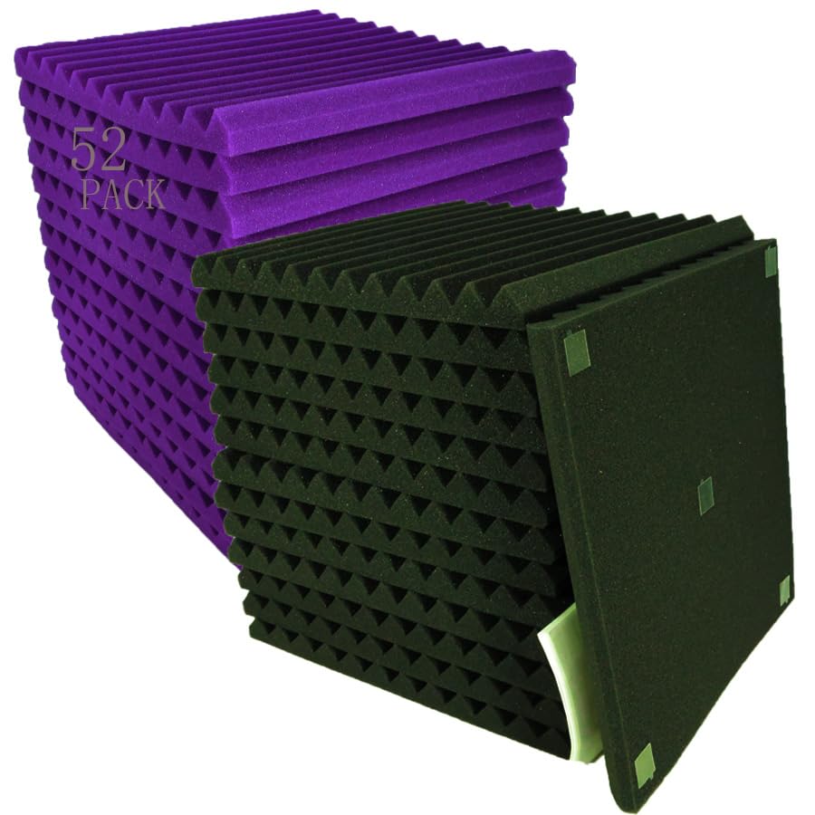 52 Pack 12 "X 12 "X1" Acoustic Panels Studio Soundproofing Foam Wedge Tiles, (24Black+24purple)