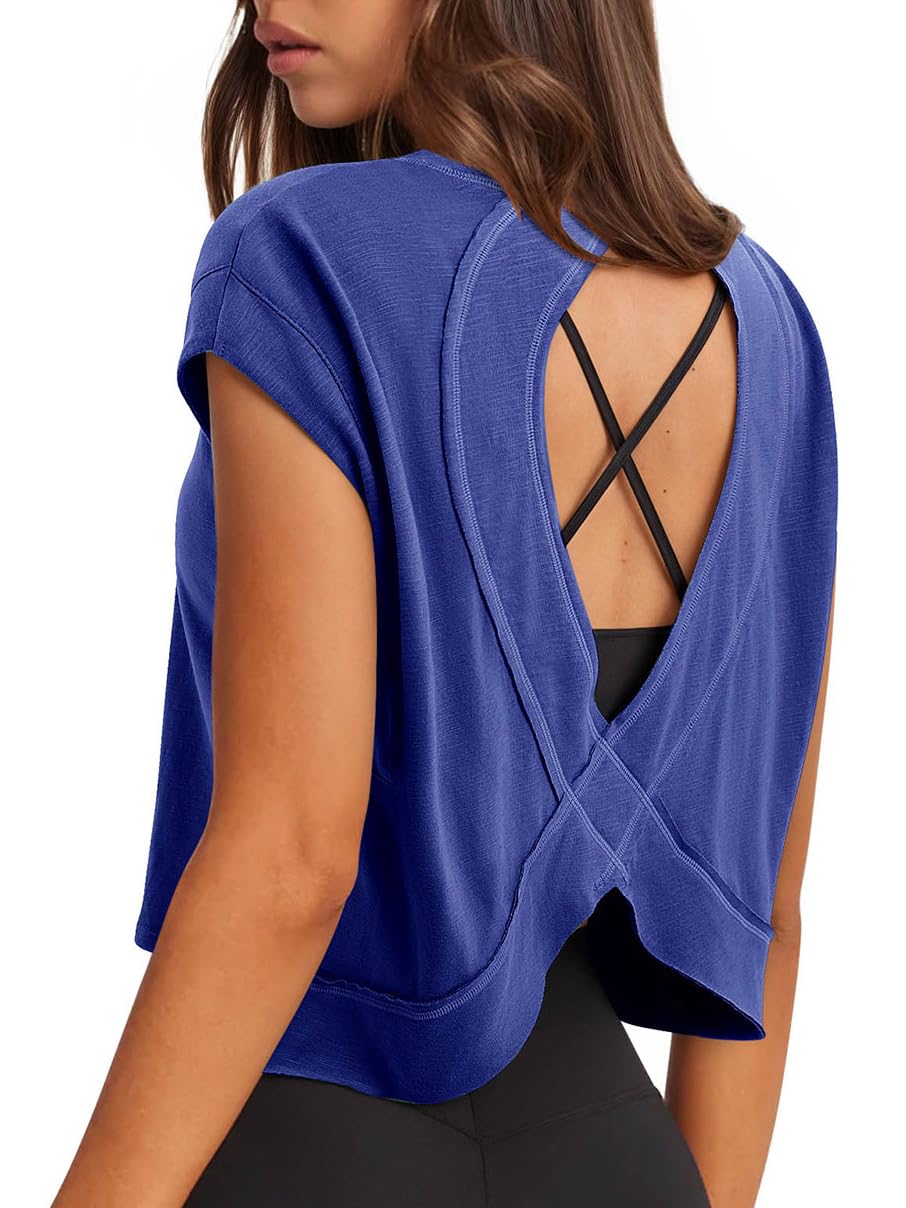 LASLULU Women's Athletic Open Back Short Sleeve T-Shirt